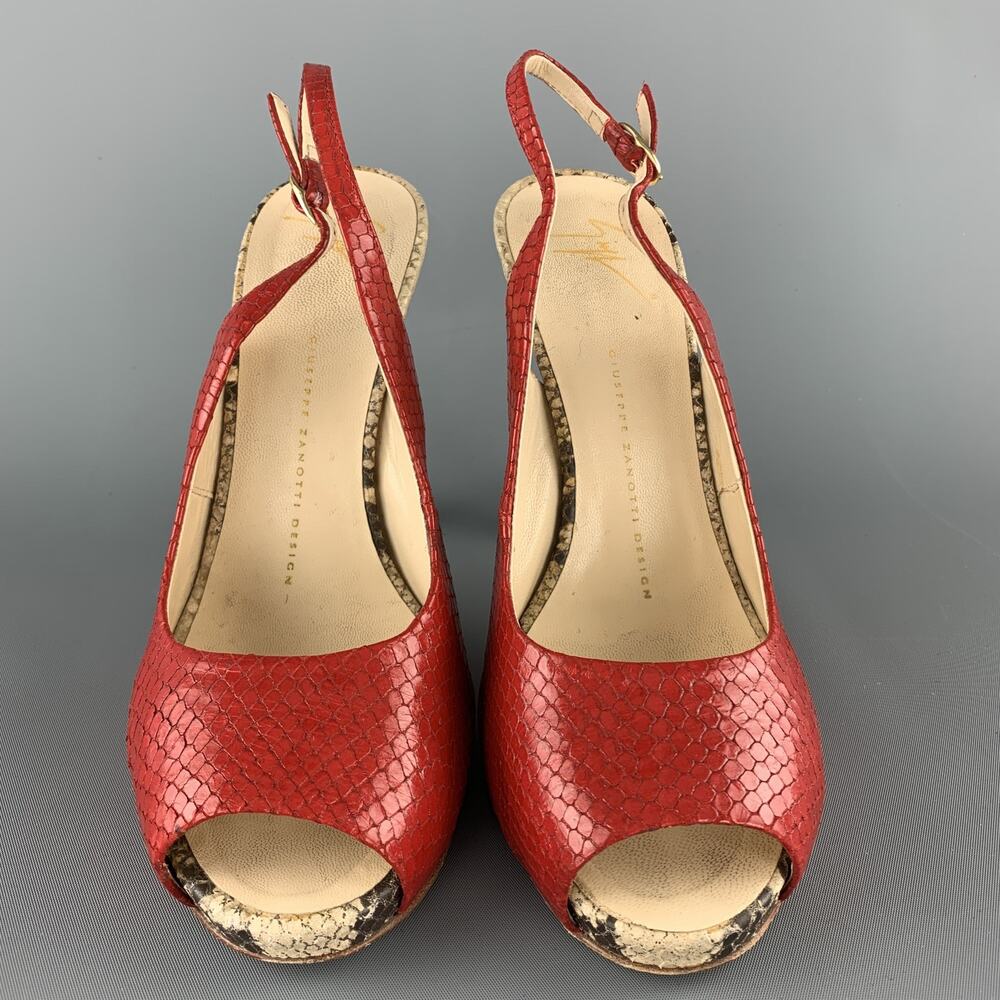 GIUSEPPE ZANOTTI Size 8 Red & Beige Snake Skin Slingback Peep Toe Pumps - Picture 4 of 8